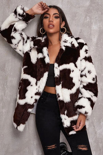 Vit ko mönster Midi Faux Fur Shearling Coat